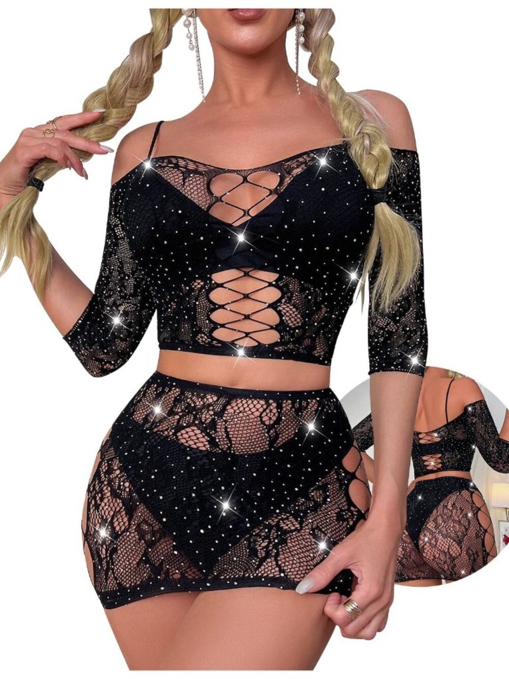 Women's A-Black Sparkly Sheer Lingerie Set Micro Bra & G-String Bikini